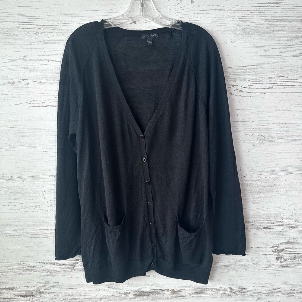 EILEEN FISHER Organic Linen V Neck Lightweight Cardigan Sweater L Black